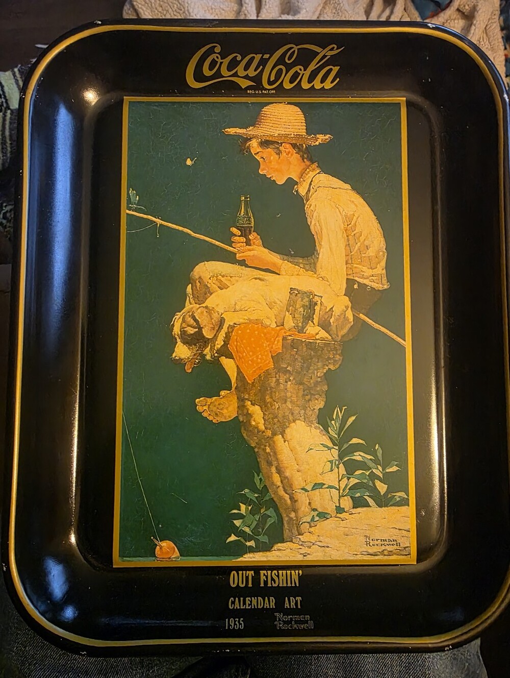 Vintage Coca Cola Black and Green 'Out Fishin'' Metal Tray